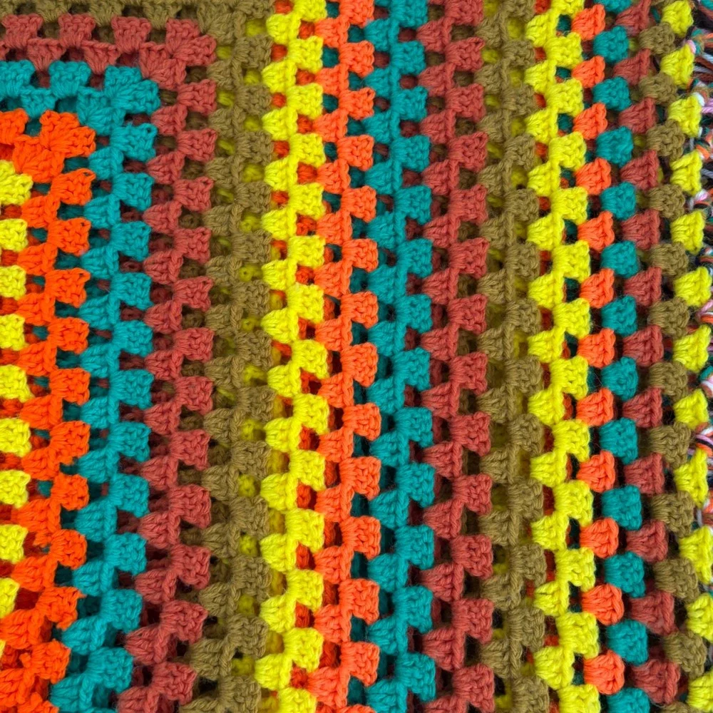 VTG Handmade‎ Crochet Granny Square Afghan Blanket Retro Boho Fringe 64x58